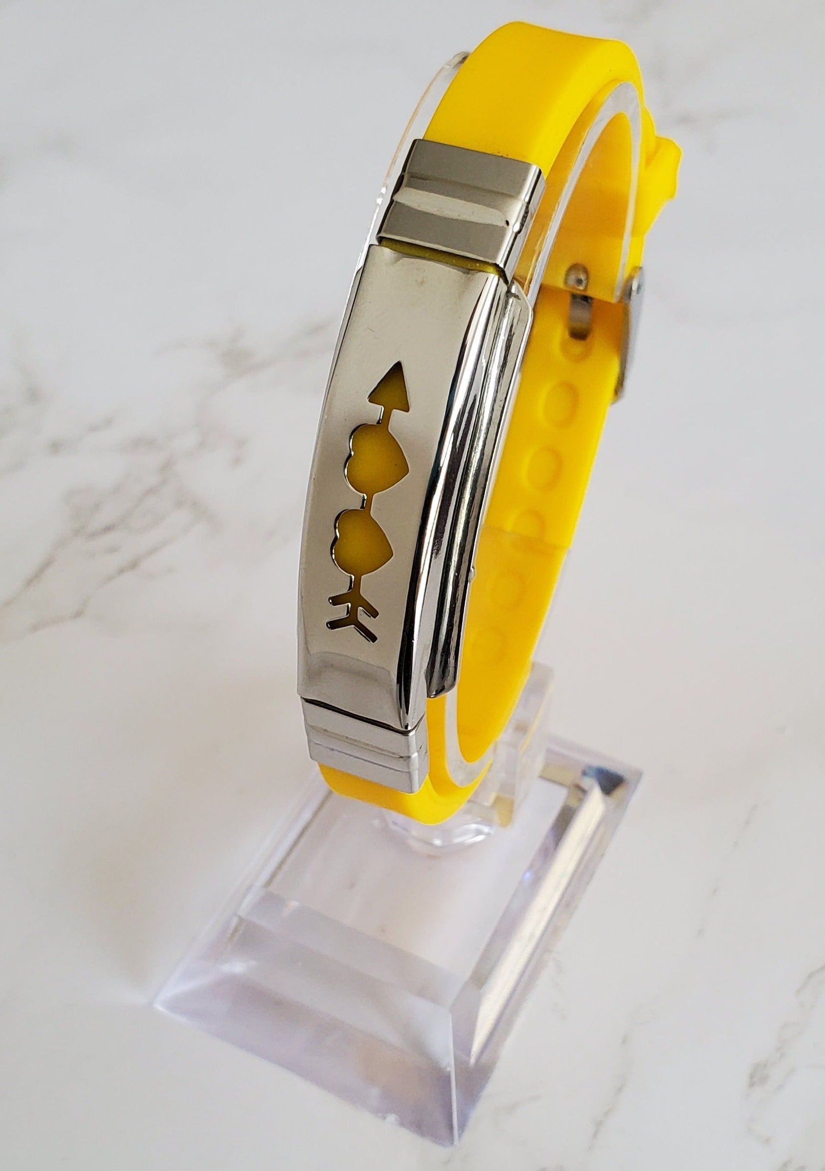 Frequency Jewelry Natural Pain Relief and EMF Protection Bracelet Two Hearts with Arrow Neoprene Band Color Yellow