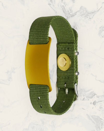 Frequency Jewelry Natural Pain Relief and EMF Protection Bracelet Nylon Band Color Army Green with a Gold Slider