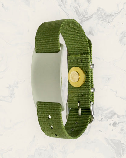 Frequency Jewelry Natural Pain Relief and EMF Protection Bracelet Nylon Band Color Army Green with a Silver Slider