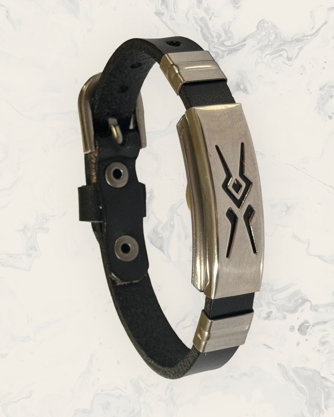 Natural Pain Relief and EMF Protection Bracelet Leather Band Color Black with Aztec design on a silver metal slider