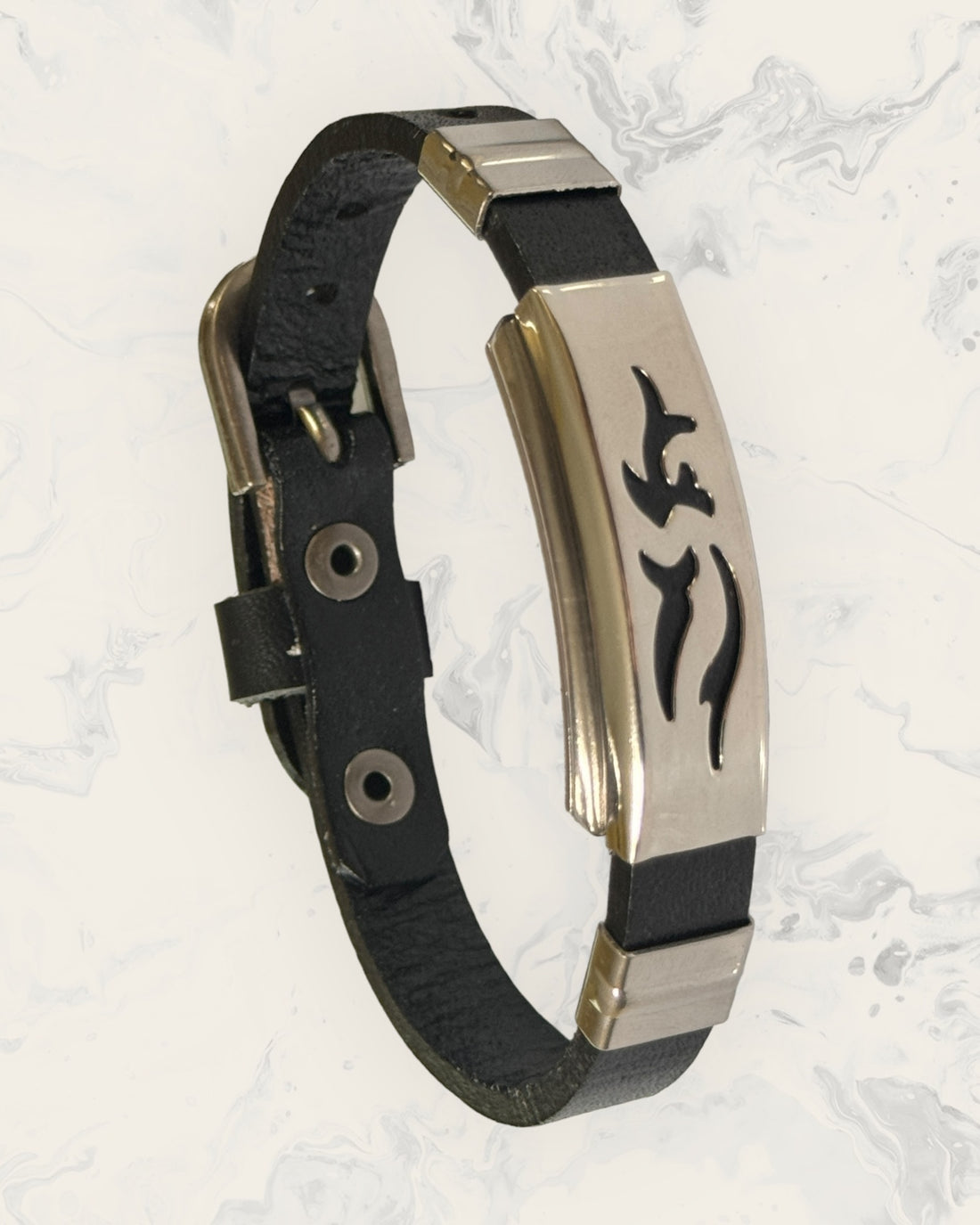 Natural Pain Relief and EMF Protection Bracelet Leather Band Color Black with Dolphin design on a silver metal slider