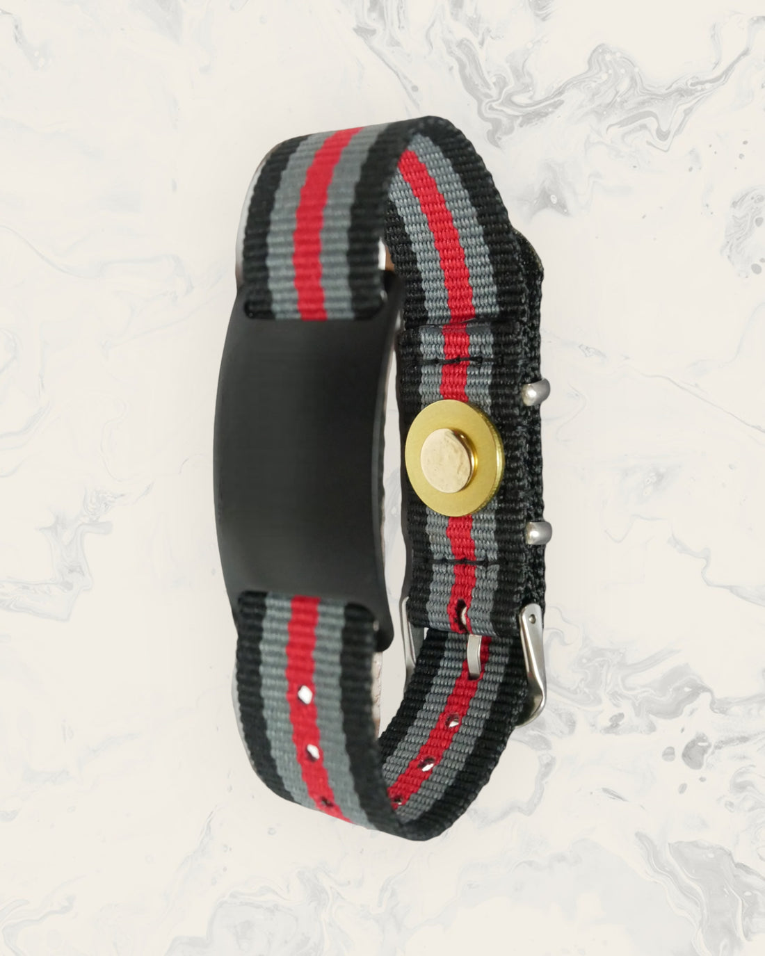 Natural Pain Relief and EMF Protection Bracelet Nylon Band Color Black, Gray, and Red Striped with a Black Slider