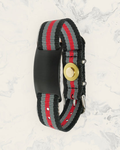 Frequency Jewelry Natural Pain Relief and EMF Protection Bracelet Nylon Band Color Black, Gray, and Red Striped with a Black Slider