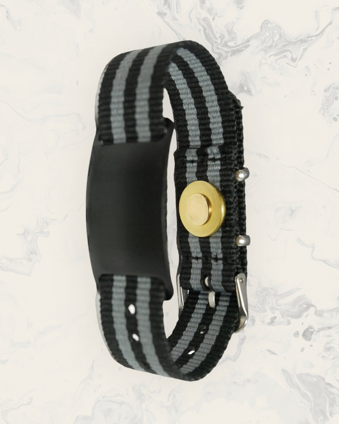 Natural Pain Relief and EMF Protection Bracelet Nylon Band Color Black and Gray Striped with a Black Slider
