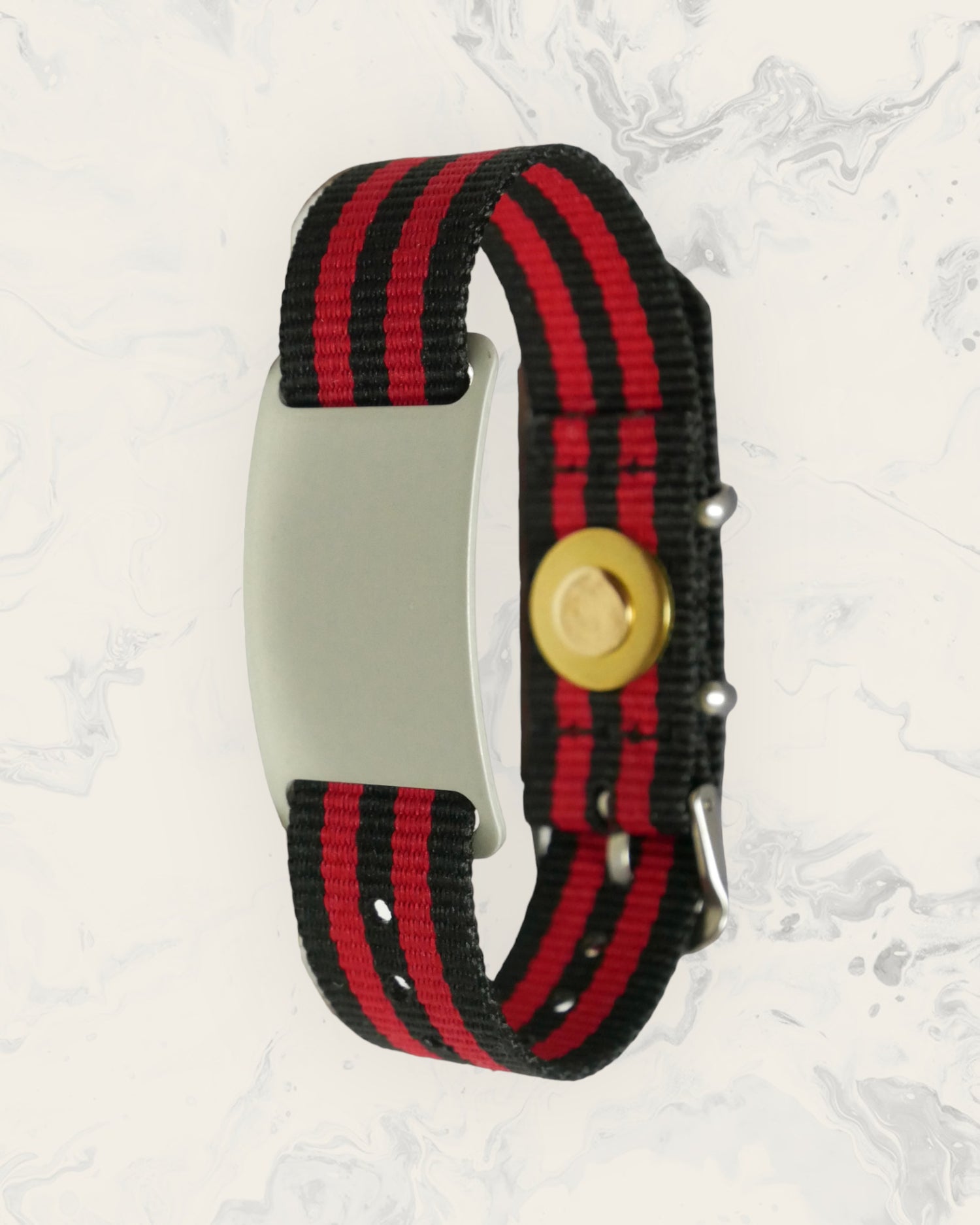 Frequency Jewelry Natural Pain Relief and EMF Protection Bracelet Nylon Band Color Black and Red Striped with a Silver Slider