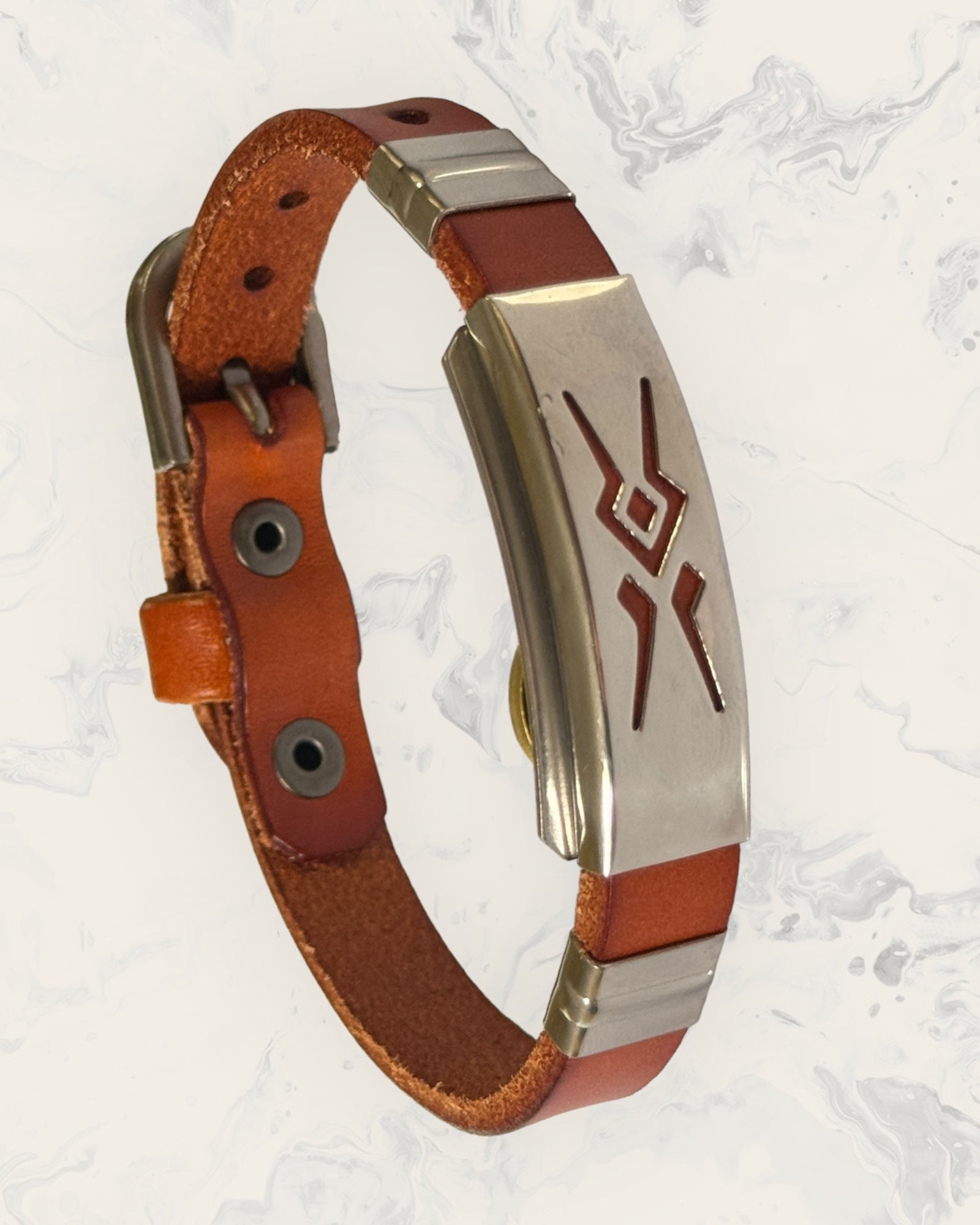 Frequency Jewelry Natural Pain Relief and EMF Protection Bracelet Leather Band Color Burnt Orange with Aztec design on a silver metal slider