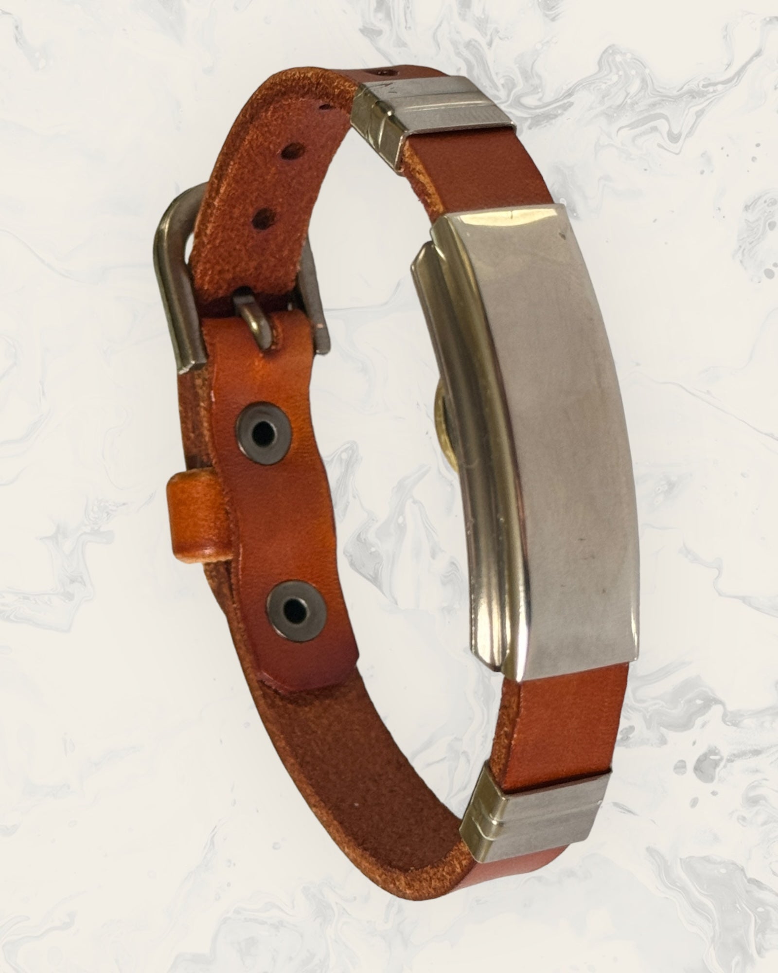 Frequency Jewelry Natural Pain Relief and EMF Protection Bracelet Leather Band Color Burnt Orange with Blank design on a silver metal slider