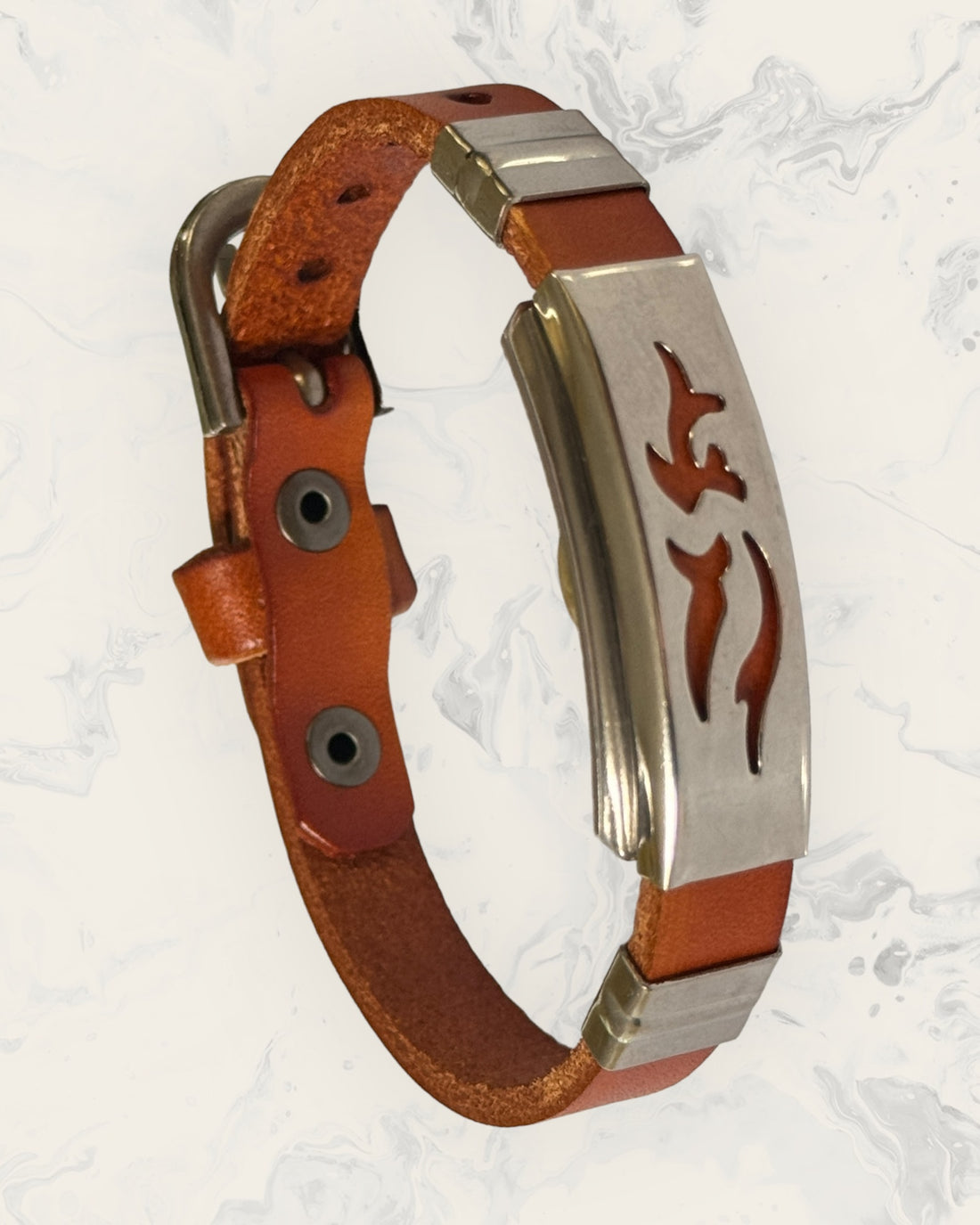 Natural Pain Relief and EMF Protection Bracelet Leather Band Color Burnt Orange with Dolphin design on a silver metal slider