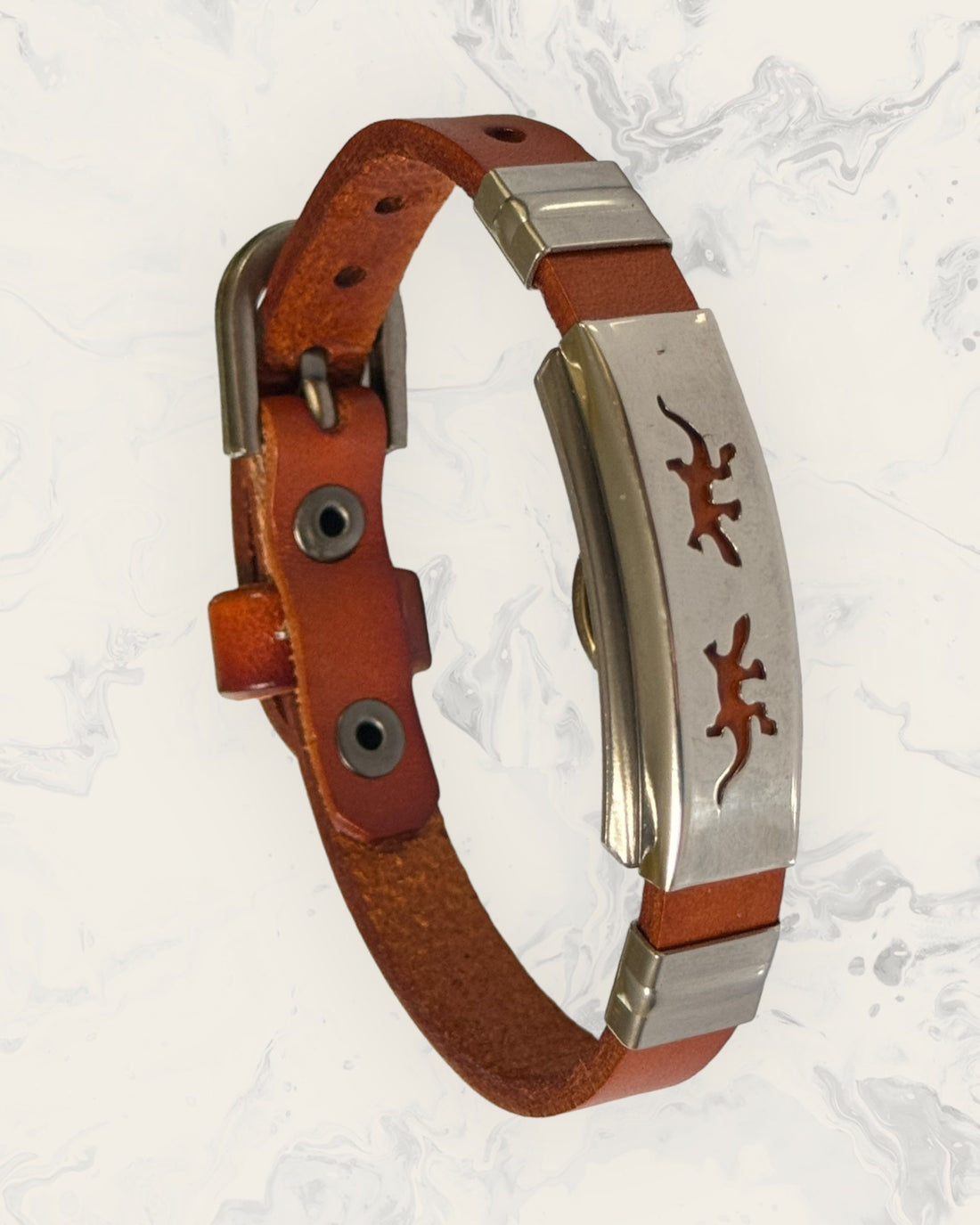 Natural Pain Relief and EMF Protection Bracelet Leather Band Color Burnt Orange with Two Geckos design on a silver metal slider