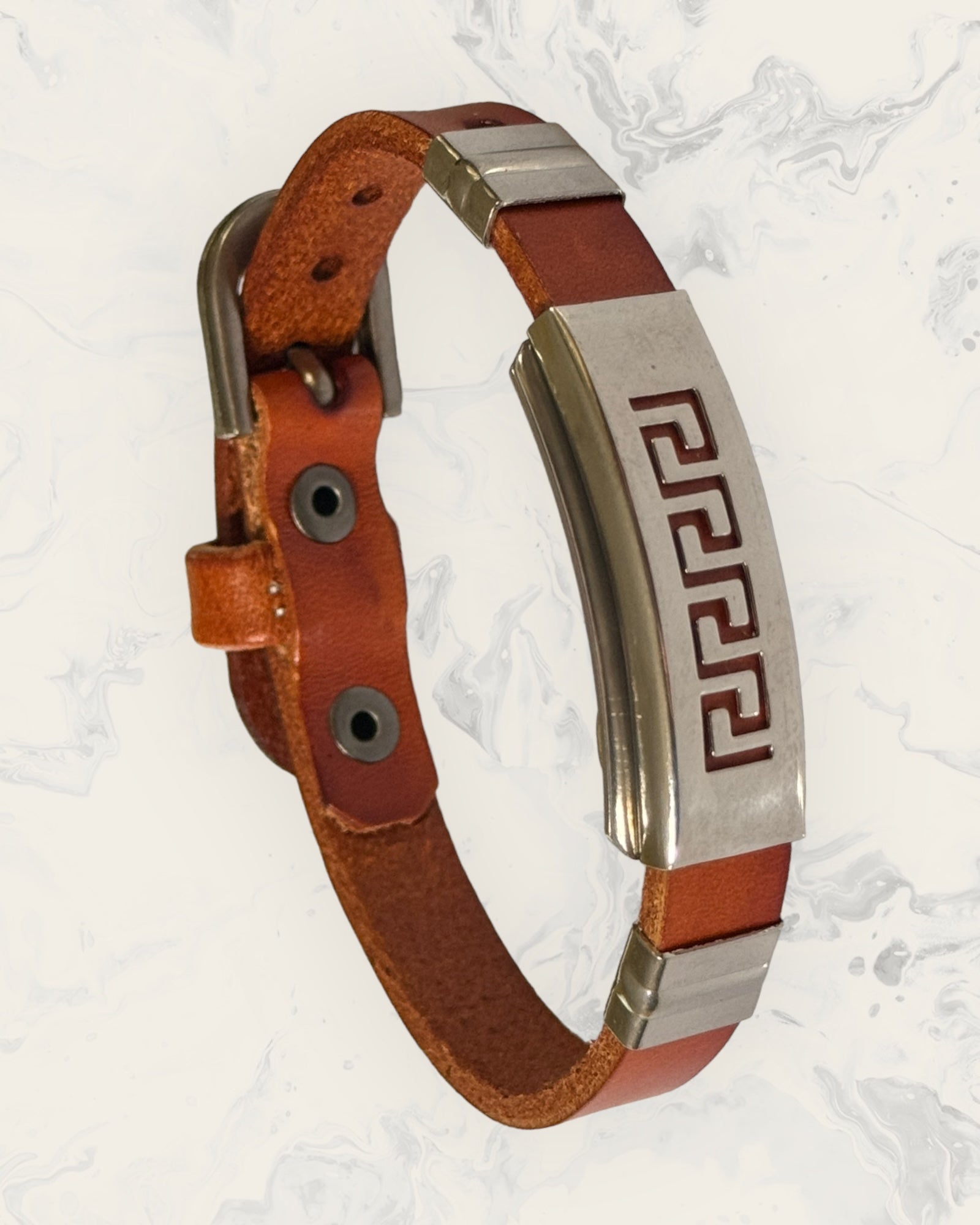 Frequency Jewelry Natural Pain Relief and EMF Protection Bracelet Leather Band Color Burnt Orange with Greek Key design on a silver metal slider