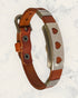 Frequency Jewelry Natural Pain Relief and EMF Protection Bracelet Leather Band Color Burnt Orange with Three Hearts design on a silver metal slider