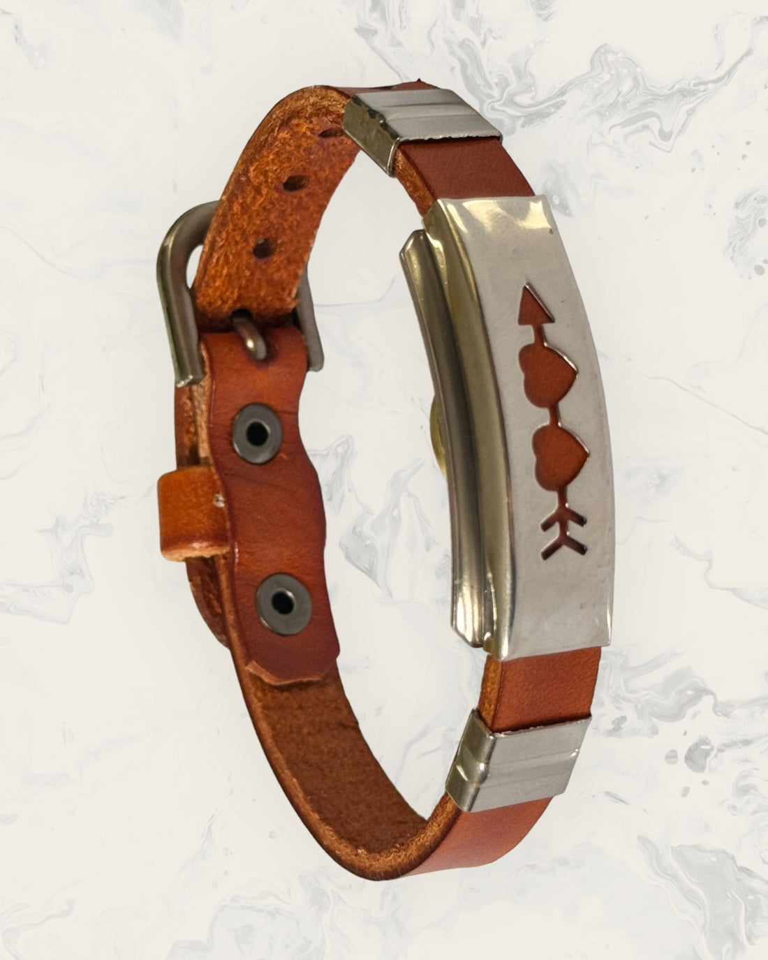 Natural Pain Relief and EMF Protection Bracelet Leather Band Color Burnt Orange with Two Hearts and an arrow design on a silver metal slider