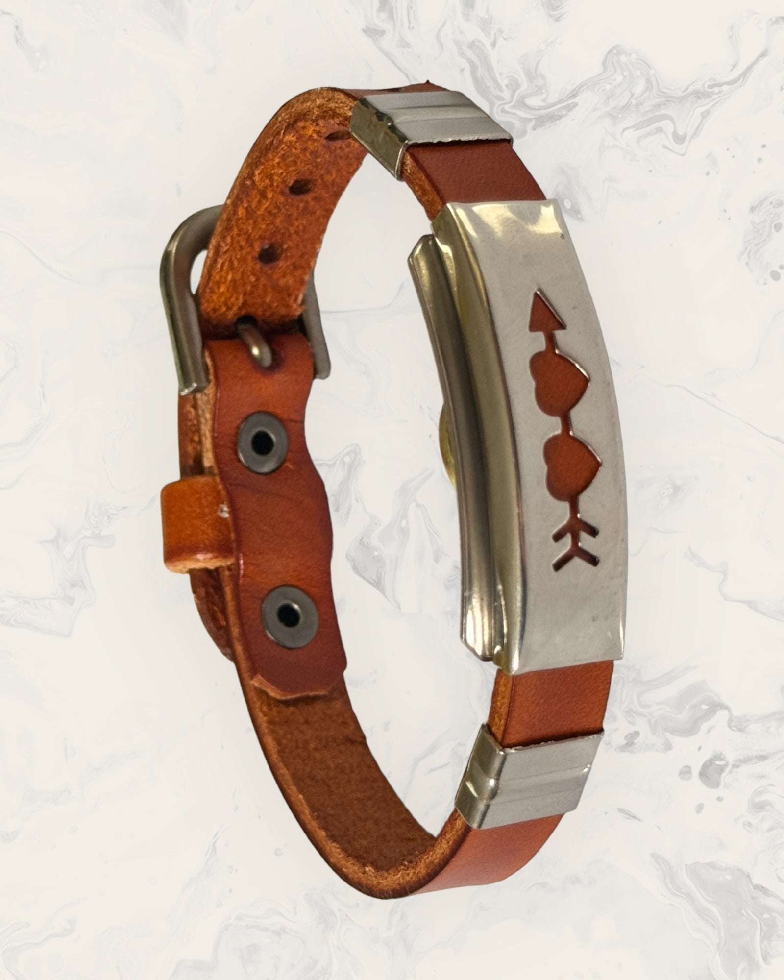 Frequency Jewelry Natural Pain Relief and EMF Protection Bracelet Leather Band Color Burnt Orange with Two Hearts and an arrow design on a silver metal slider