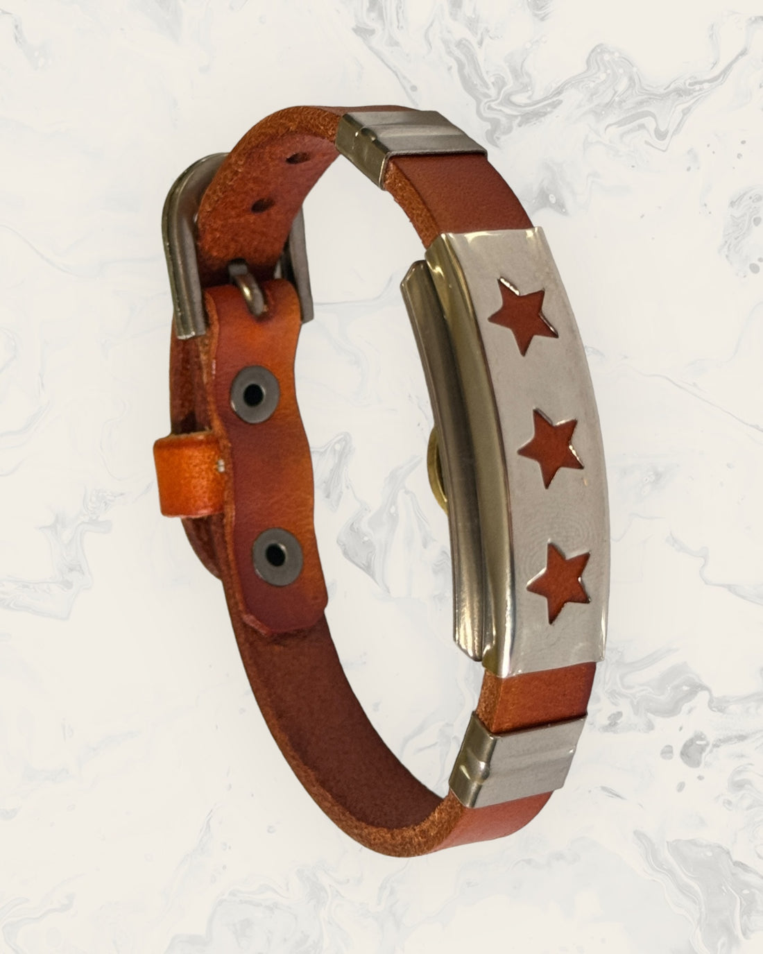 Natural Pain Relief and EMF Protection Bracelet Leather Band Color Burnt Orange with a Star design on a silver metal slider