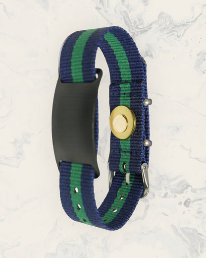 Frequency Jewelry Natural Pain Relief and EMF Protection Bracelet Nylon Band Color Navy Blue and Green Striped with a Black Slider
