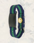 Frequency Jewelry Natural Pain Relief and EMF Protection Bracelet Nylon Band Color Navy Blue and Green Striped with a Black Slider