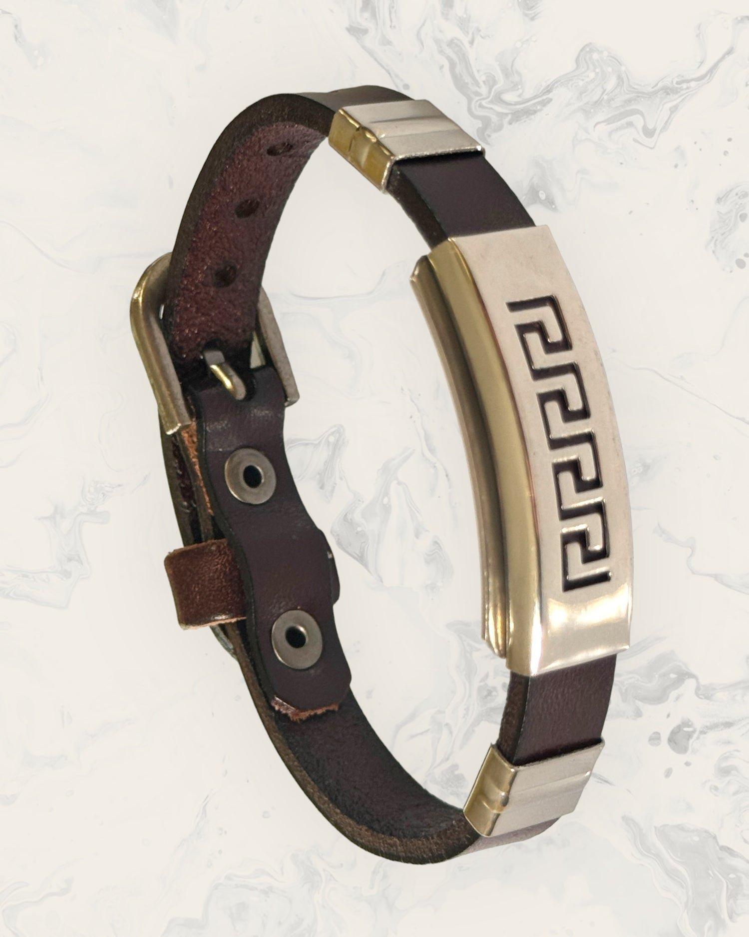 Frequency Jewelry Natural Pain Relief and EMF Protection Bracelet Leather Band Color Dark Brown with Greek Key design on a silver metal slider