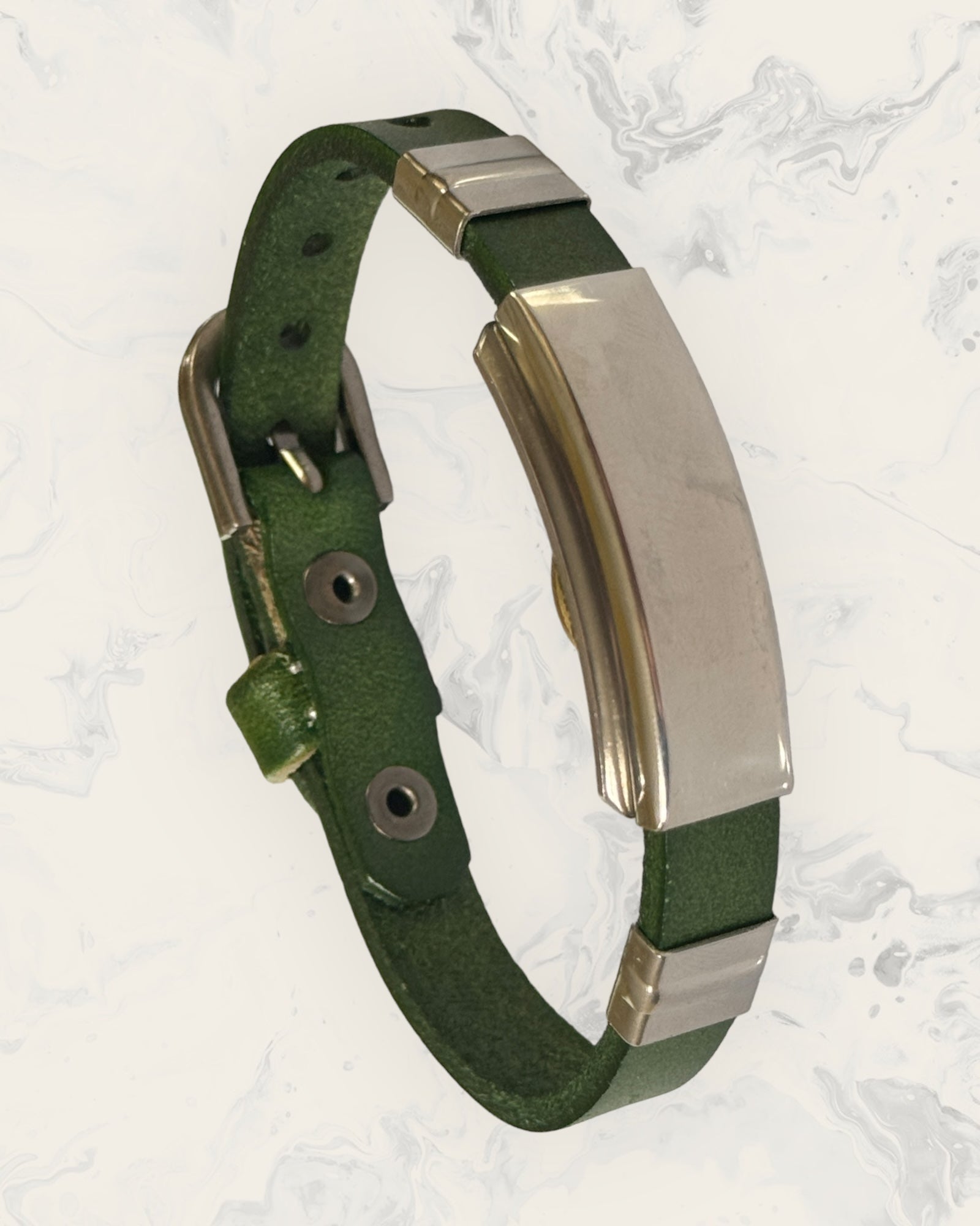 Frequency Jewelry Natural Pain Relief and EMF Protection Bracelet Leather Band Color Green with Blank design on a silver metal slider