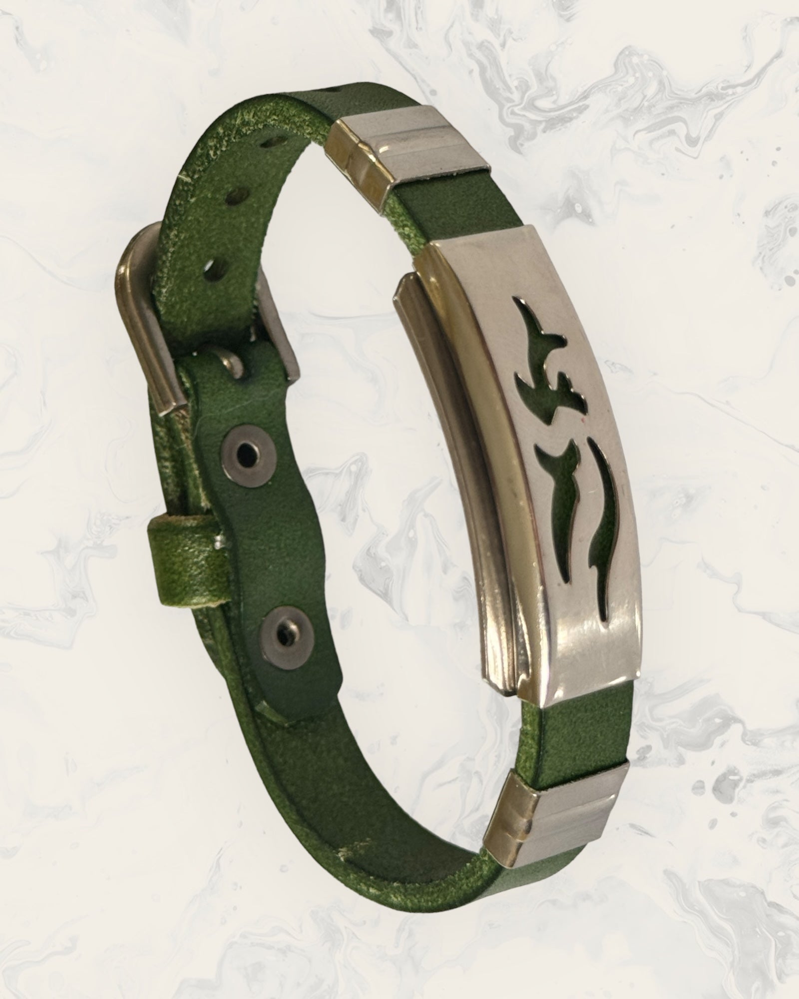 Frequency Jewelry Natural Pain Relief and EMF Protection Bracelet Leather Band Color Green with Dolphin design on a silver metal slider