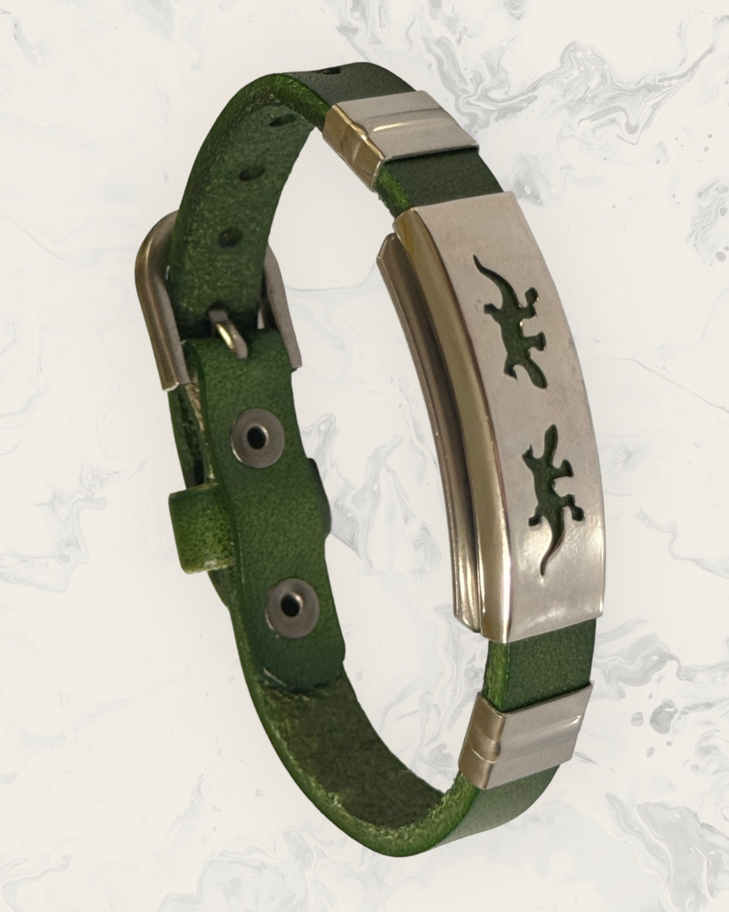 Frequency Jewelry Natural Pain Relief and EMF Protection Bracelet Leather Band Color Green with Two Geckos design on a silver metal slider