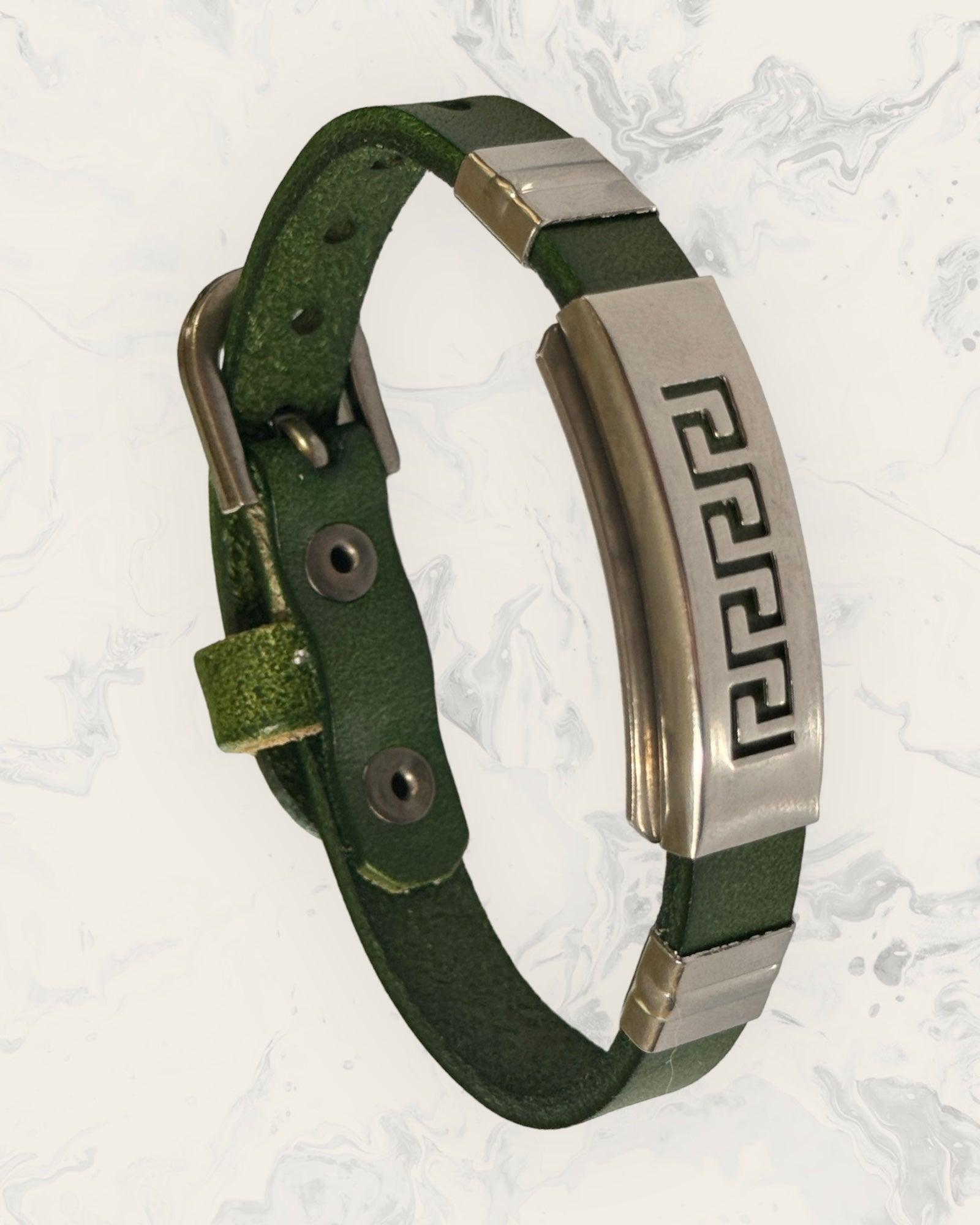 Frequency Jewelry Natural Pain Relief and EMF Protection Bracelet Leather Band Color Green with Greek Key design on a silver metal slider