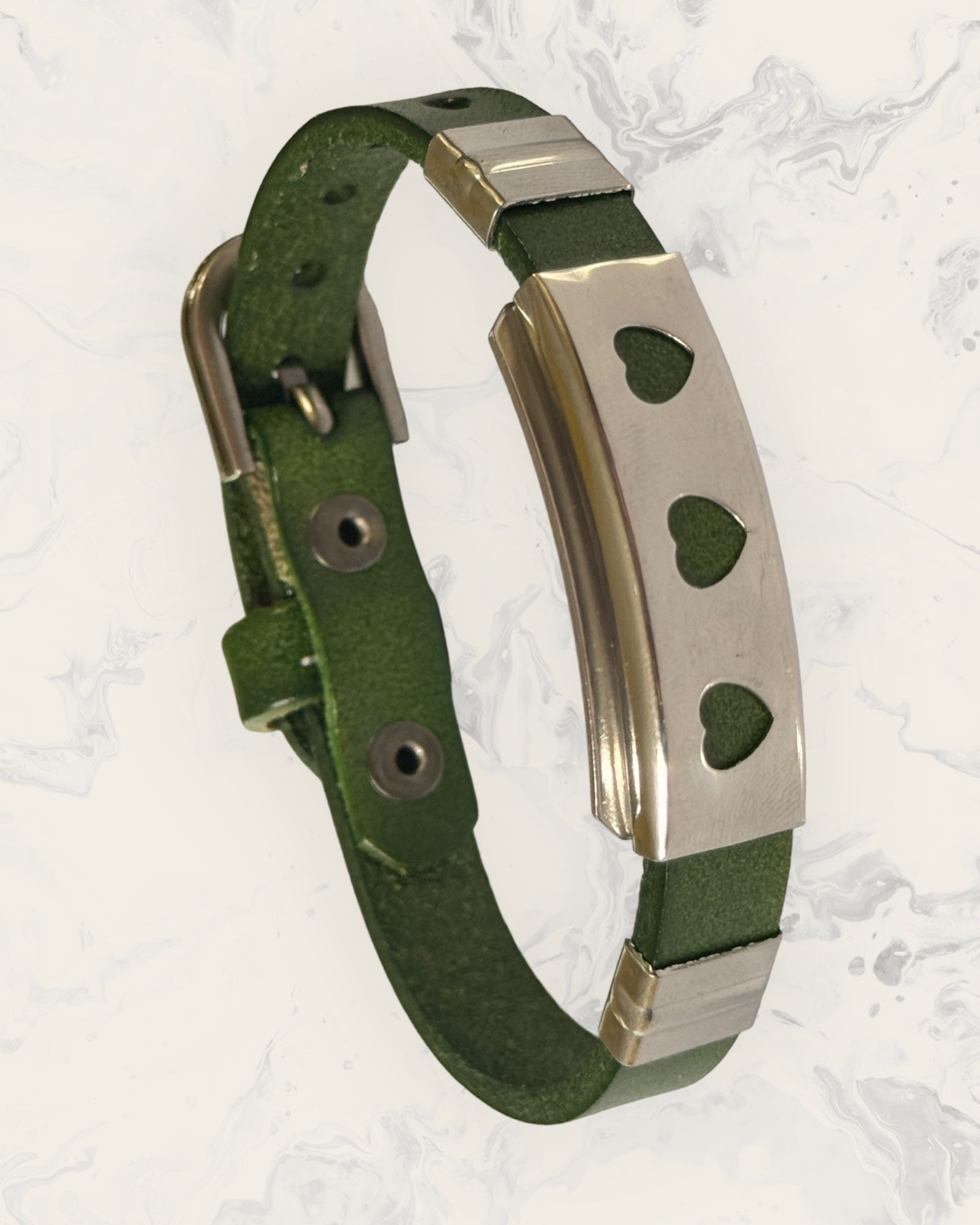 Frequency Jewelry Natural Pain Relief and EMF Protection Bracelet Leather Band Color Green with Three Hearts design on a silver metal slider