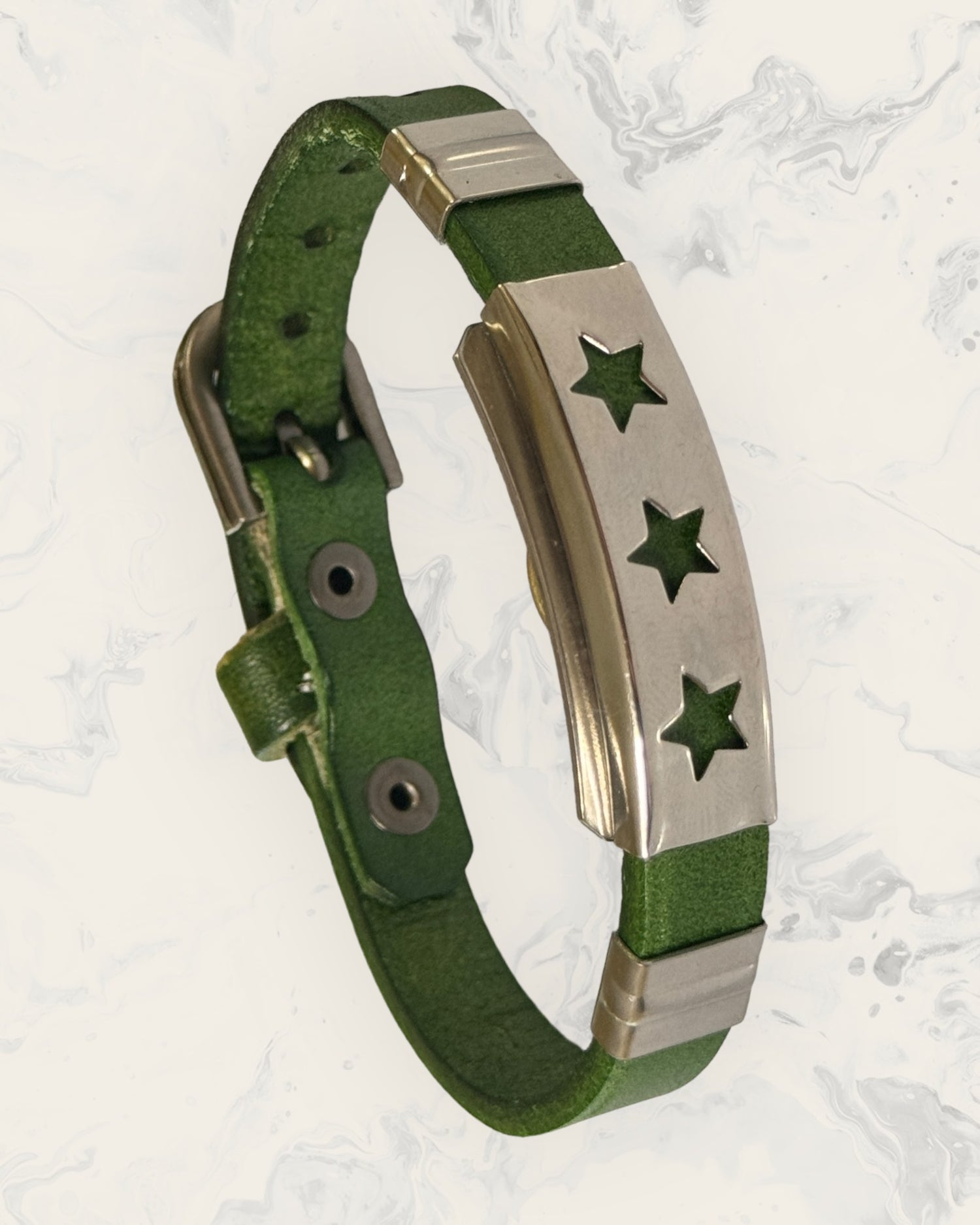 Frequency Jewelry Natural Pain Relief and EMF Protection Bracelet Leather Band Color Green with a Star design on a silver metal slider