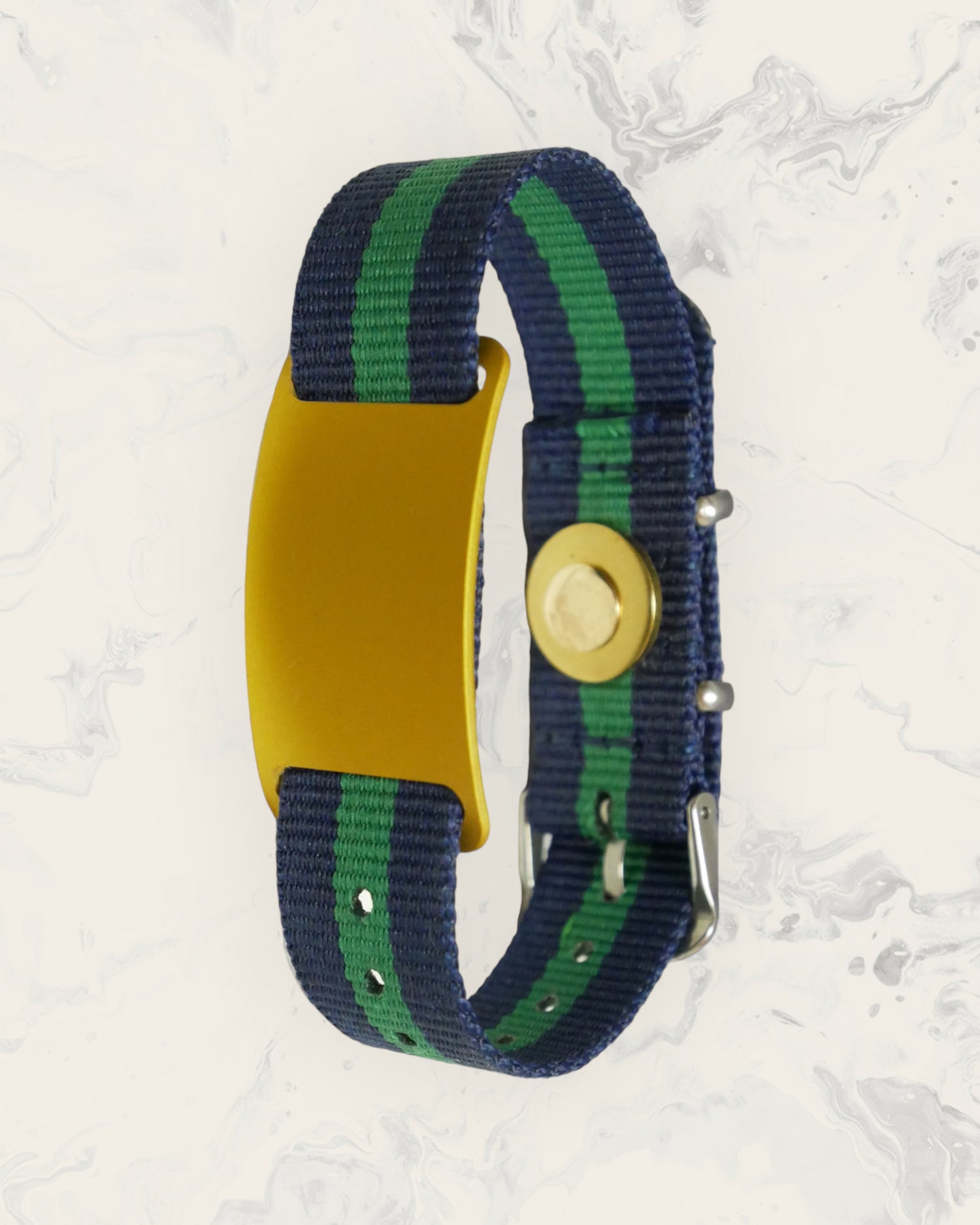 Frequency Jewelry Natural Pain Relief and EMF Protection Bracelet Nylon Band Color Navy Blue and Green Striped with a Gold Slider