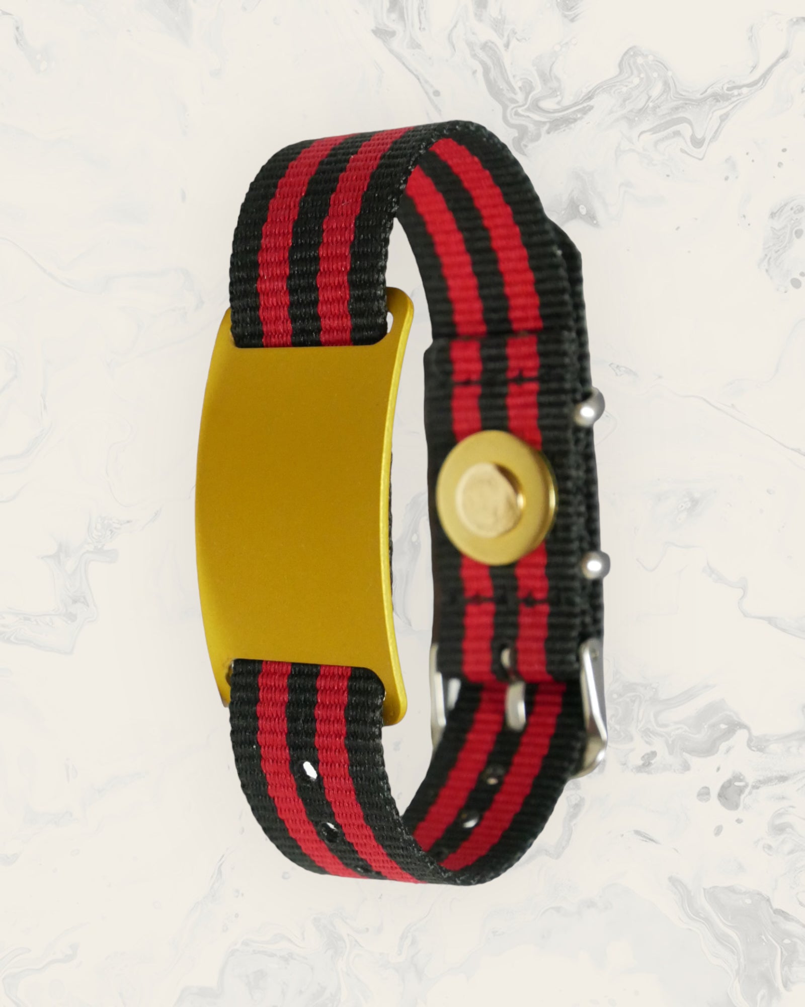 Frequency Jewelry Natural Pain Relief and EMF Protection Bracelet Nylon Band Color Black and Red Striped with a Gold Slider