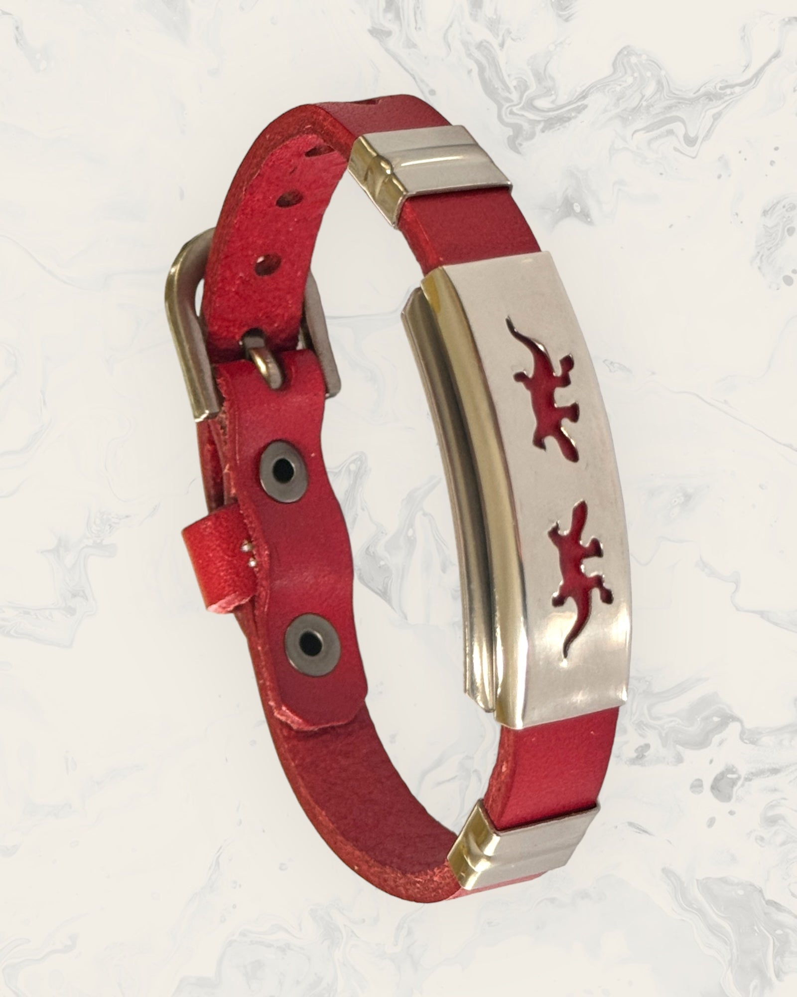 Frequency Jewelry Natural Pain Relief and EMF Protection Bracelet Leather Band Color Red with Two Gecko design on a silver metal slider