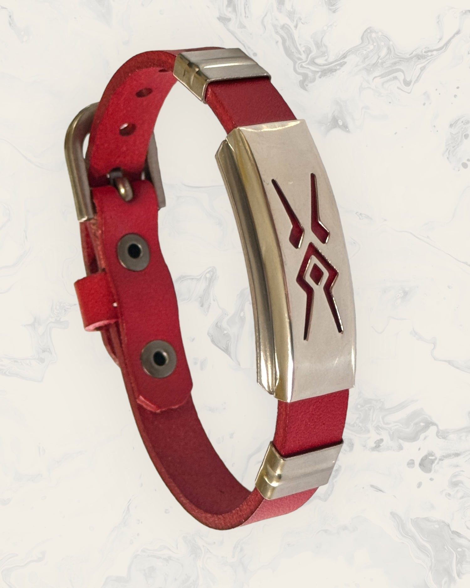 Frequency Jewelry Natural Pain Relief and EMF Protection Bracelet Leather Band Color Red with Aztec design on a silver metal slider