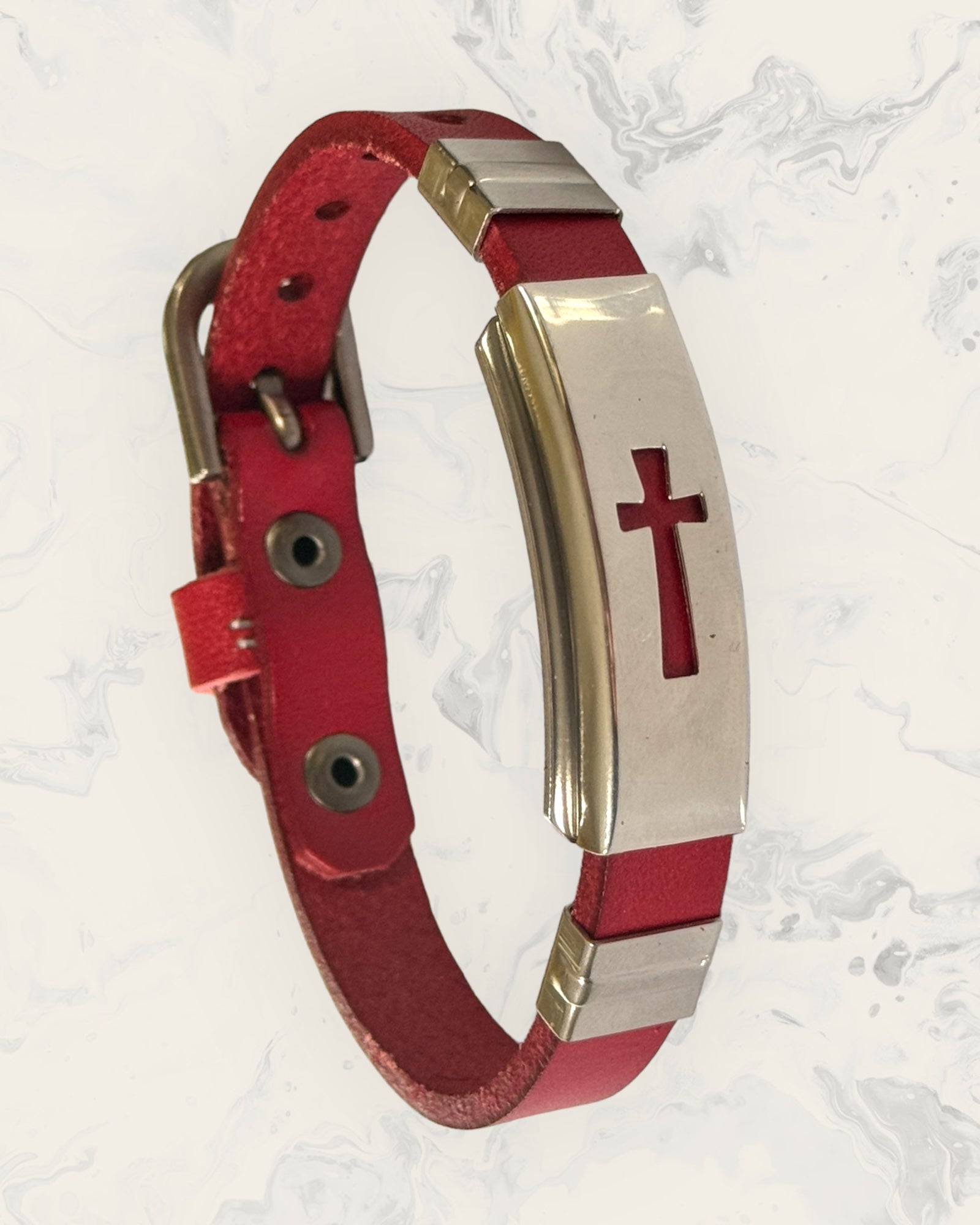 Frequency Jewelry Natural Pain Relief and EMF Protection Bracelet Leather Band Color Red with Cross design on a silver metal slider