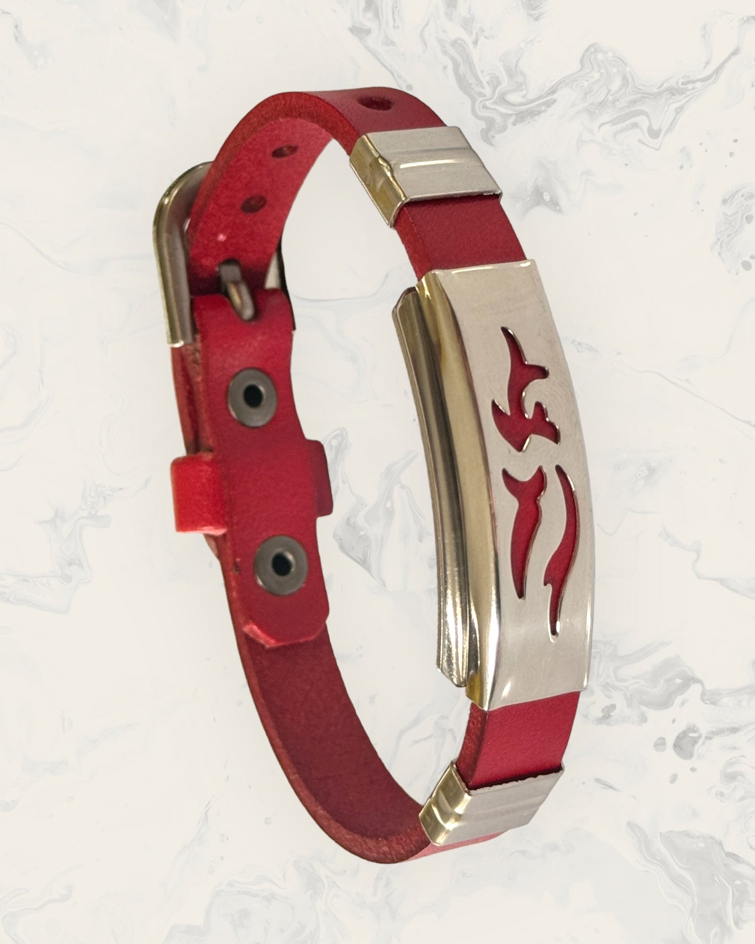 Frequency Jewelry Natural Pain Relief and EMF Protection Bracelet Leather Band Color Red with Dolphin design on a silver metal slider