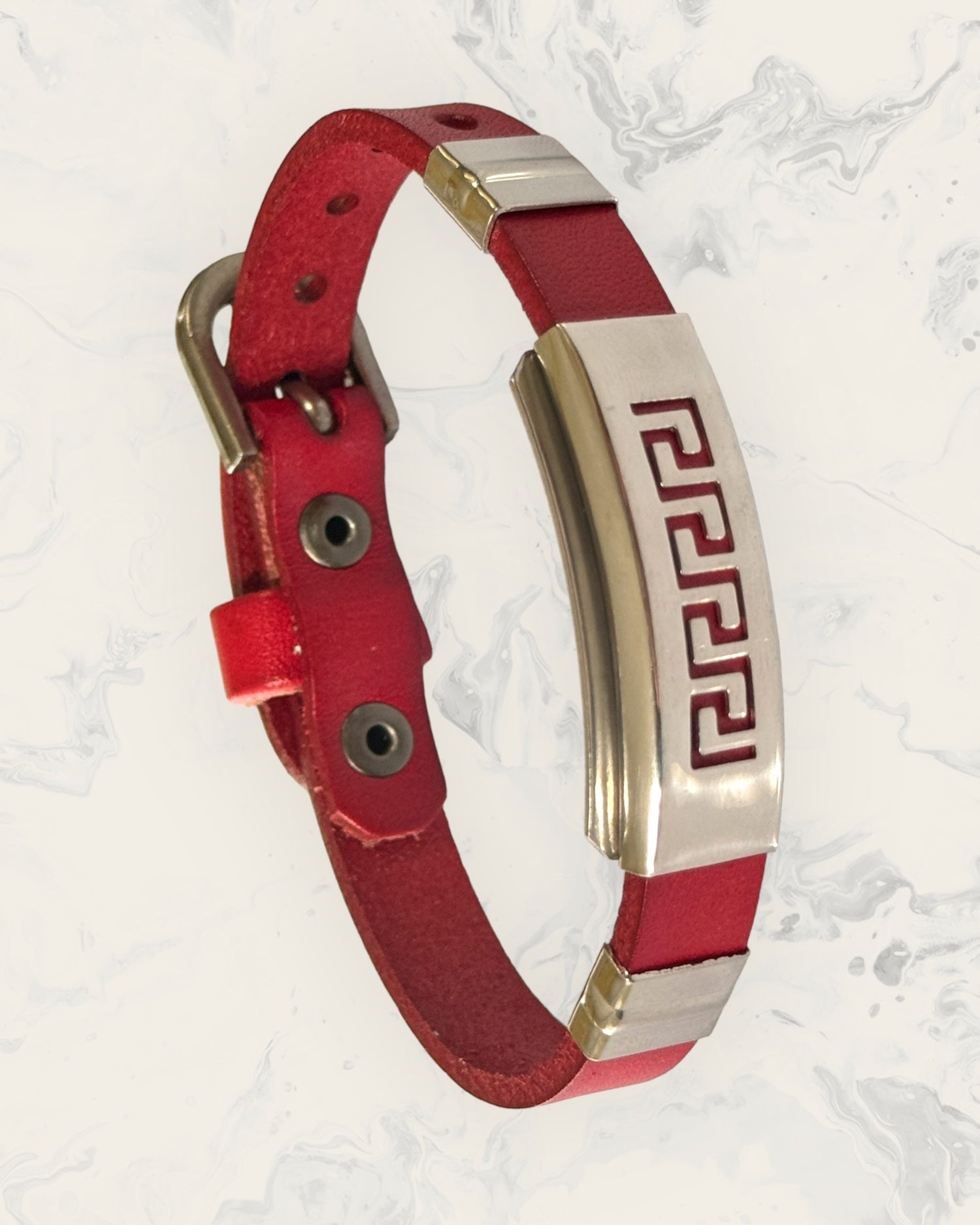 Frequency Jewelry Natural Pain Relief and EMF Protection Bracelet Leather Band Color Red with Greek Key design on a silver metal slider