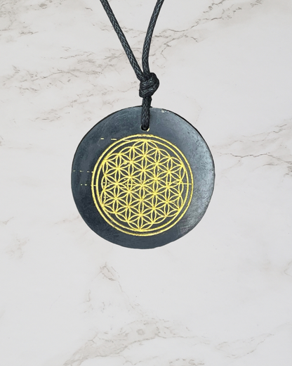 Frequency Jewelry Natural Pain Relief and Protection from 5G and EMFs Shungite Necklace with Engraved Flower of Life