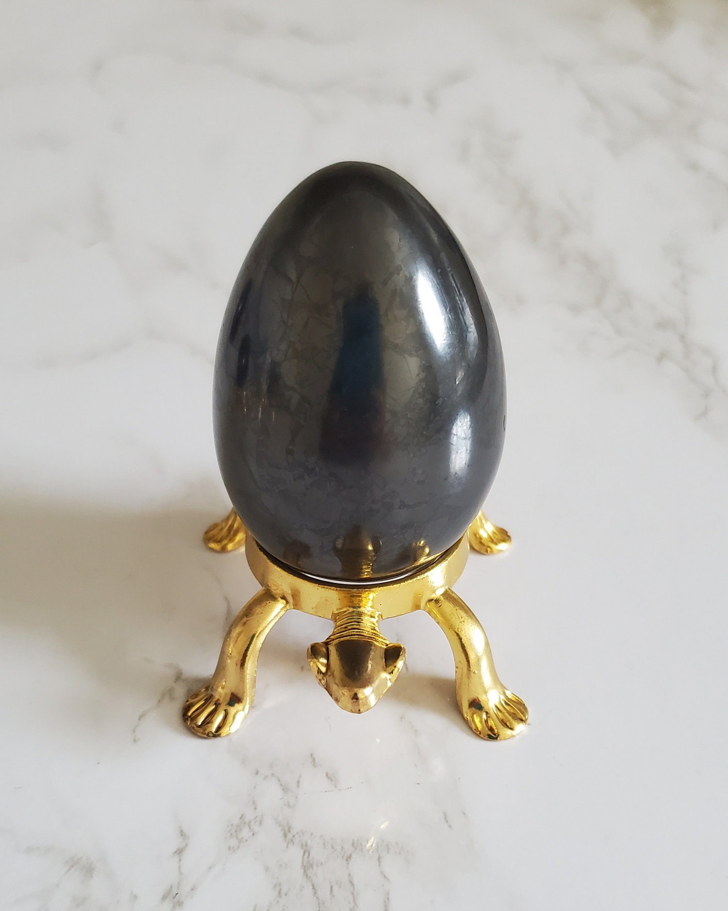 Natural Pain Relief and Protection from 5G and EMFs Shungite Egg with Medium Gold Turtle Stand