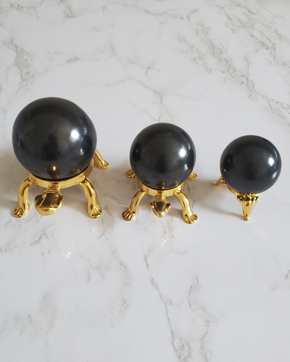 Pain Relief and Protection from 5G and EMFs 3 Shungite Spheres 25mm 35mm and 50 mm on Gold Display Bases