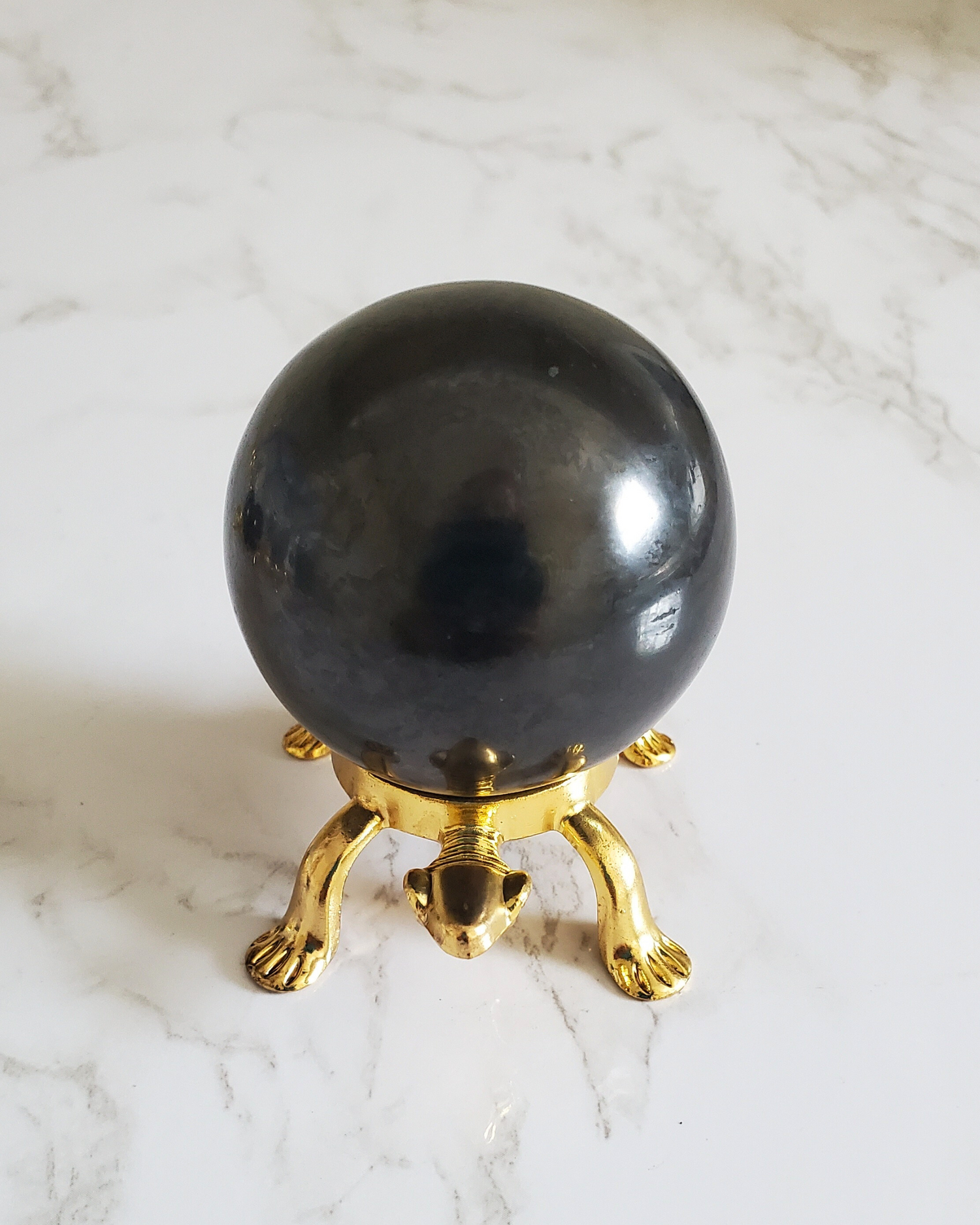 Pain Relief and Protection from 5G and EMFs Shungite Sphere 50 mm with Medium Gold Turtle Base