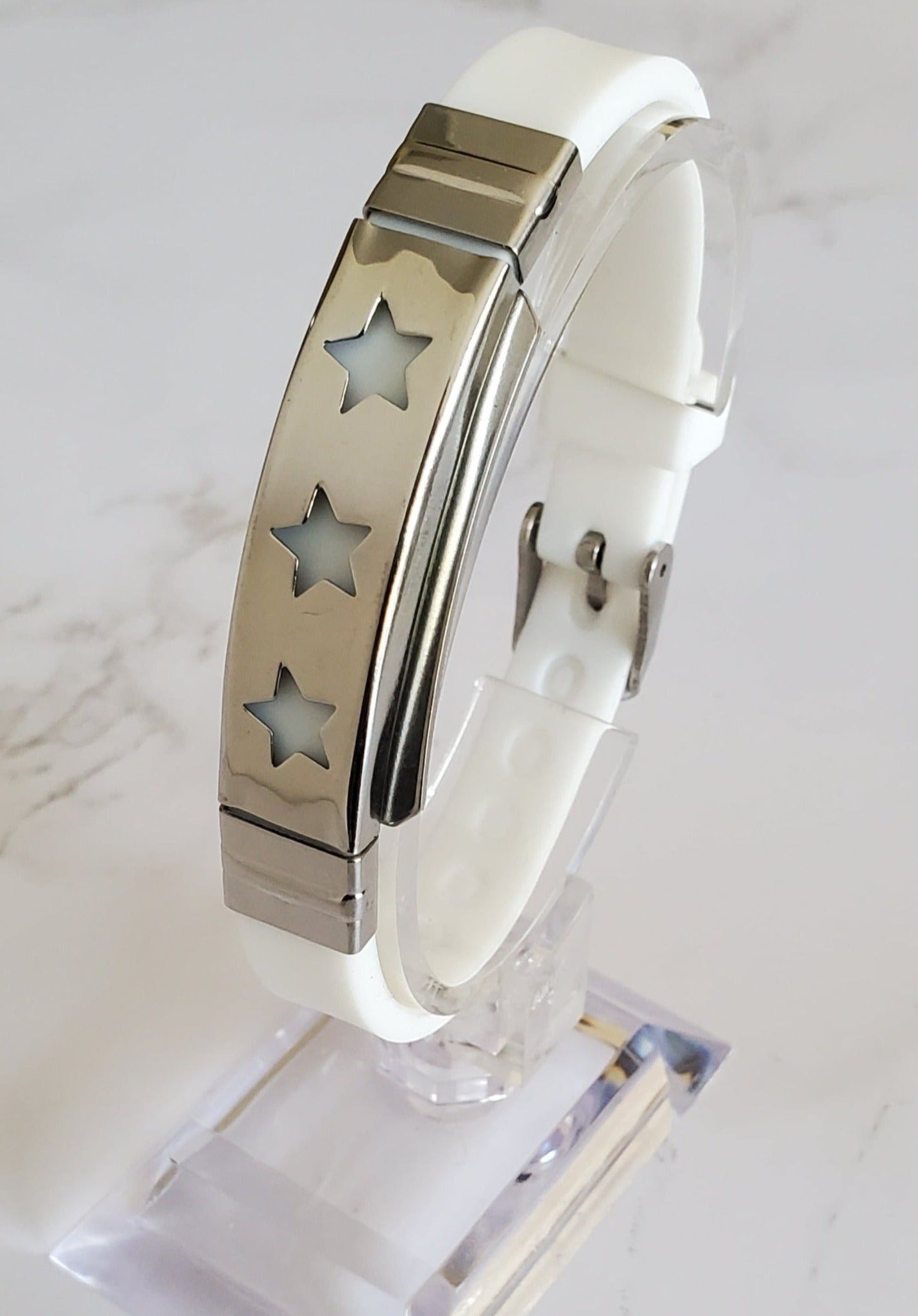 Frequency Jewelry Natural Pain Relief and EMF Protection Bracelet Stars Neoprene Band Color White
